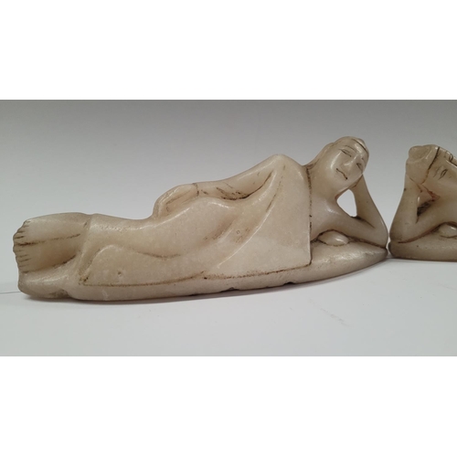 183 - A PAIR OF HANDCARVED MARBLE RECLINING BUDHA FIGURES, late 19th / early 20th century, dimensions: 18c... 