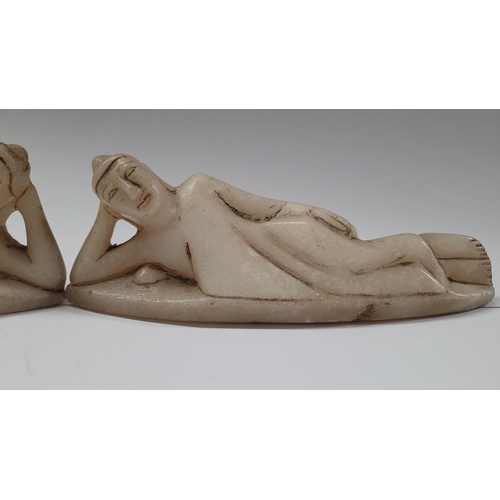 183 - A PAIR OF HANDCARVED MARBLE RECLINING BUDHA FIGURES, late 19th / early 20th century, dimensions: 18c... 