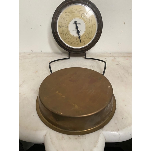 185 - A VINTAGE BELGIAN HANGING KITCHEN SCALES, Maker Brabantia, with circular brass tray inset that also ... 