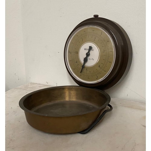 185 - A VINTAGE BELGIAN HANGING KITCHEN SCALES, Maker Brabantia, with circular brass tray inset that also ... 