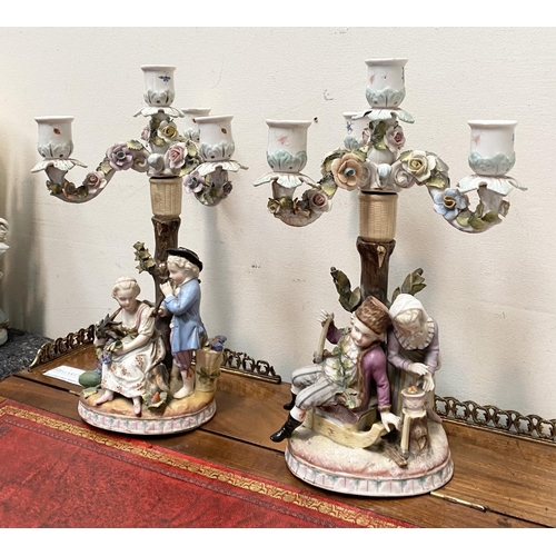 187 - A PAIR OF BEAUTIFUL GERMAN PORCELAIN FOUR BRANCH CANDLEABRA, Dresden style painted porcelain candela... 