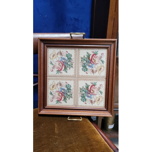 188 - A MAW FRAMED TILE TRAY, with brass handles, in excellent condition. 42 x 38cm. Maker's name to the b... 