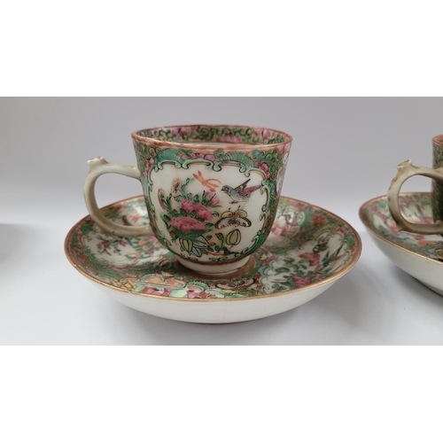 190 - A COLLECTION OF FAMILLE ROSE PORCELAIN ITEMS, includes; two coffee cups with matching saucers, a lid... 