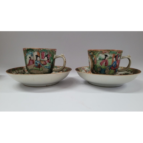 190 - A COLLECTION OF FAMILLE ROSE PORCELAIN ITEMS, includes; two coffee cups with matching saucers, a lid... 