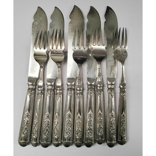 194 - A VERY GOOD LATE 19TH CENTURY SILVER PLATE SET OF FISH KNIVES & FORKS, each decorated with an engrav... 