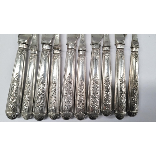 194 - A VERY GOOD LATE 19TH CENTURY SILVER PLATE SET OF FISH KNIVES & FORKS, each decorated with an engrav... 