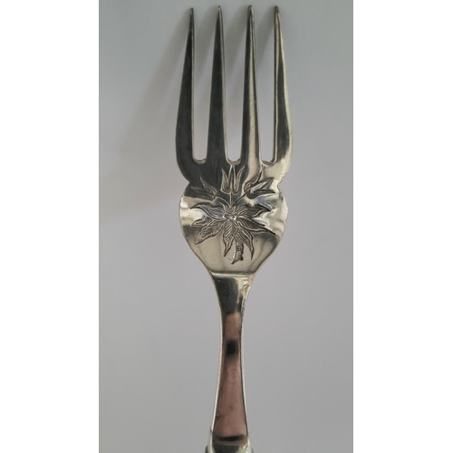 194 - A VERY GOOD LATE 19TH CENTURY SILVER PLATE SET OF FISH KNIVES & FORKS, each decorated with an engrav... 