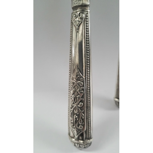 194 - A VERY GOOD LATE 19TH CENTURY SILVER PLATE SET OF FISH KNIVES & FORKS, each decorated with an engrav... 