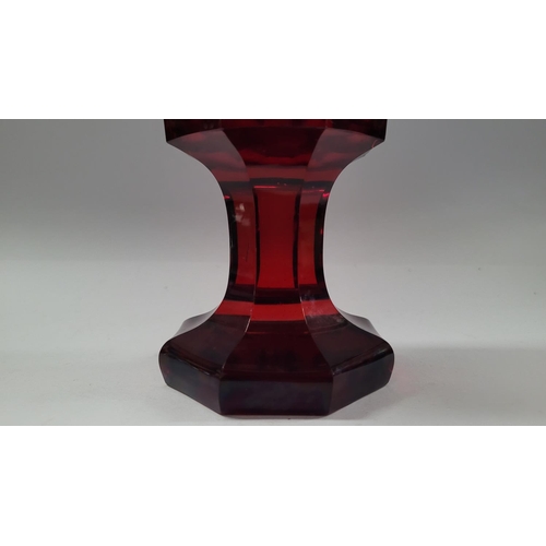 200 - A LARGE OCTAGONAL SHAPED INTAGLIO ETCH RED BOHEMIAN GLASS / VASE, decorated with acid etched horse d... 