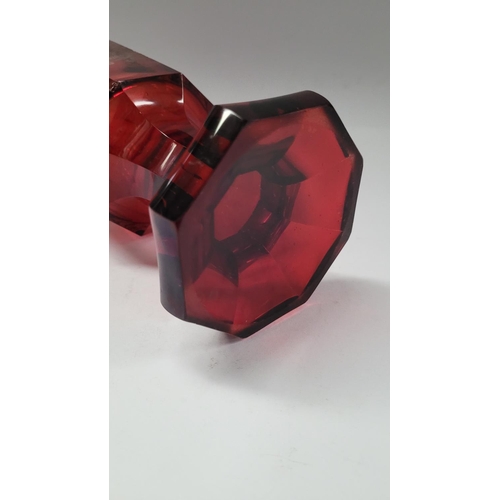 200 - A LARGE OCTAGONAL SHAPED INTAGLIO ETCH RED BOHEMIAN GLASS / VASE, decorated with acid etched horse d... 