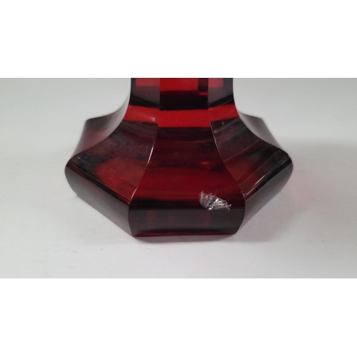 200 - A LARGE OCTAGONAL SHAPED INTAGLIO ETCH RED BOHEMIAN GLASS / VASE, decorated with acid etched horse d... 