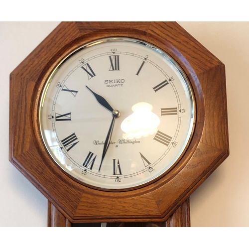 206 - AN OAK FRAMED SEIKO ‘WESTMINSTER WHITTINGTON’ WALL CLOCK, with octagonal shaped frame to the dial; w... 