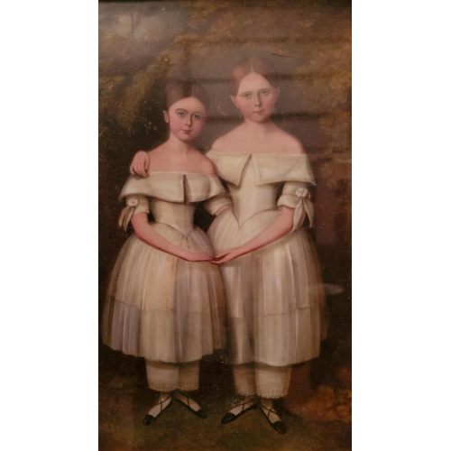 21 - AN IRISH 19TH CENTURY PORTRAIT OF TWO SISTERS, reverse painted on glass, the two sisters dressed in ... 