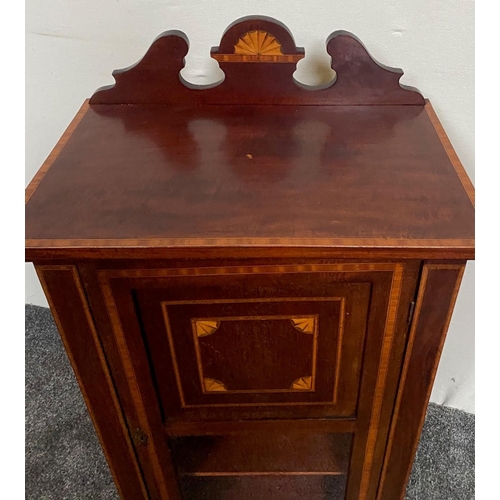 222 - A MAHOGANY INLAID SINGLE DOOR CABINET, with a raised back gallery having inlaid shell detail, the si... 