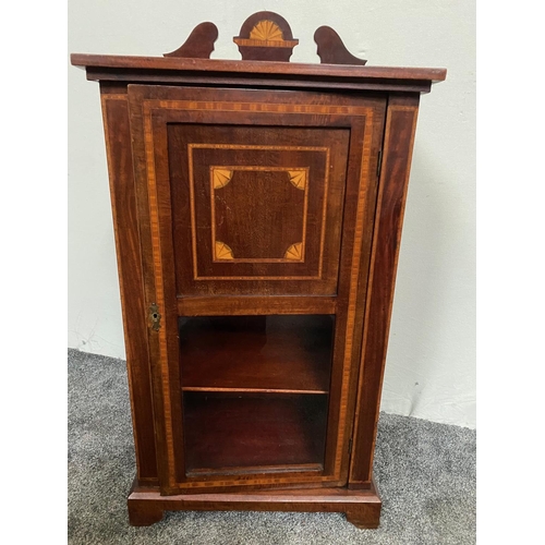 222 - A MAHOGANY INLAID SINGLE DOOR CABINET, with a raised back gallery having inlaid shell detail, the si... 