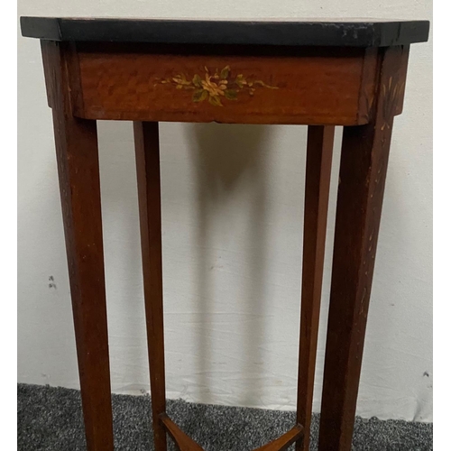 224 - A MAHOGANY & SATINWOOD HAND-PAINTED JARDINERE / LAMP STAND, with canted sides to the top, decorated ... 