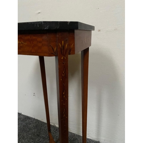 224 - A MAHOGANY & SATINWOOD HAND-PAINTED JARDINERE / LAMP STAND, with canted sides to the top, decorated ... 