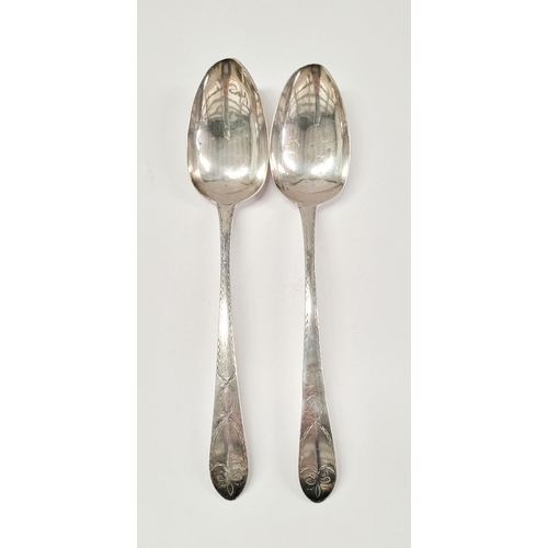 23 - A PAIR OF 18TH CENTURY IRISH SILVER SERVING SPOONS BY JOHN SHIELS, each spoon with lovely brightcut ... 