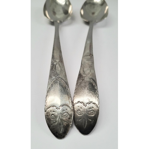 23 - A PAIR OF 18TH CENTURY IRISH SILVER SERVING SPOONS BY JOHN SHIELS, each spoon with lovely brightcut ... 