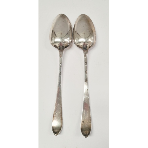 23 - A PAIR OF 18TH CENTURY IRISH SILVER SERVING SPOONS BY JOHN SHIELS, each spoon with lovely brightcut ... 