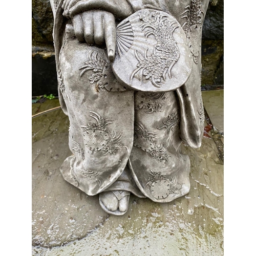 232 - A GARDEN ORNAMENT IN THE FORM OF A FEMALE FIGURE KNEELING ON ONE KNEE DRESSED IN A TRADITIONAL JAPAN... 