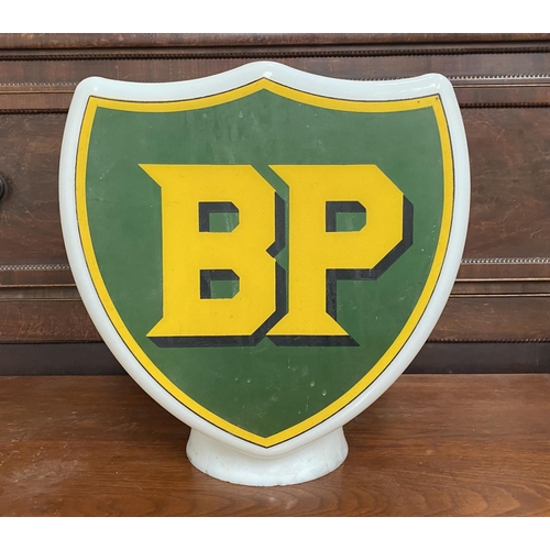 236 - A VINTAGE GLASS BP PETROL PUMP ADVERTISING GLOBE, ‘BP’ in yellow green and black to front and revers... 