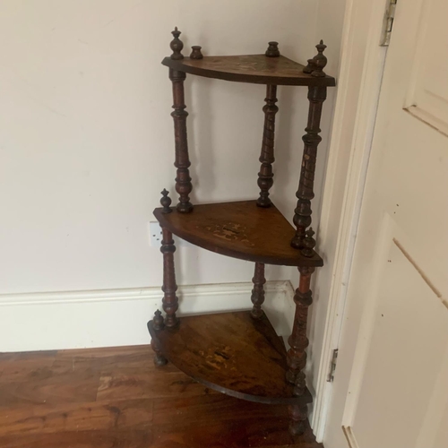 240 - A GOOD VICTORIAN CORNER WHATNOT, with three tiers, each curve fronted shelf is raised up on turned b... 