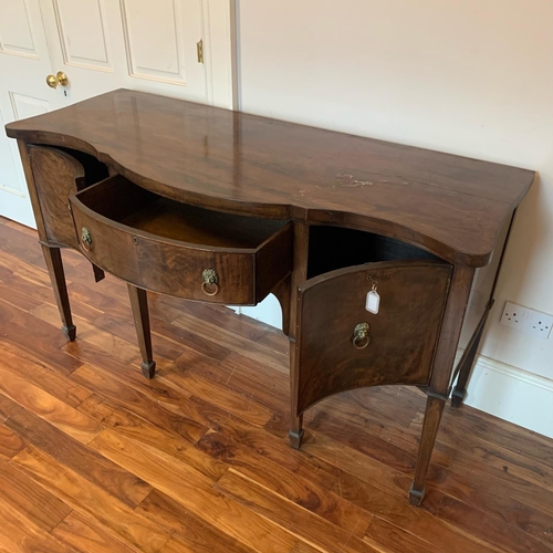 244 - A GOOD QUALITY 19TH CENTURY IRISH FLAME MAHOGANY SIX LEG SERPENTINE SHAPED SIDEBOARD, the serpentine... 