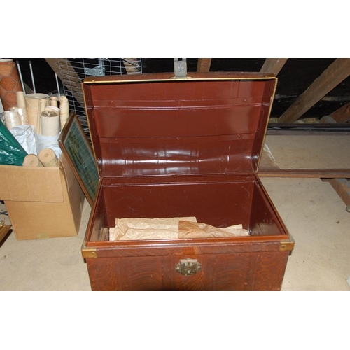 254 - TWO METAL TRUNKS WITH HINGED LIDS, vintage, original interior paint; rust free & clean. Dimensions: ... 