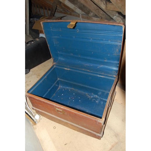 254 - TWO METAL TRUNKS WITH HINGED LIDS, vintage, original interior paint; rust free & clean. Dimensions: ... 