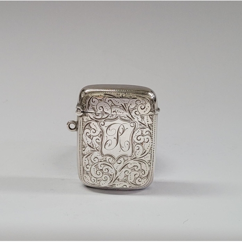 26 - A LATE 19TH CENTURY SILVER VESTA CASE, beautifully engraved with scrolling foliage design to the fro... 