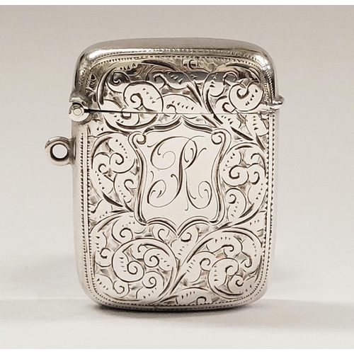 26 - A LATE 19TH CENTURY SILVER VESTA CASE, beautifully engraved with scrolling foliage design to the fro... 