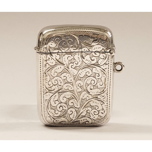 26 - A LATE 19TH CENTURY SILVER VESTA CASE, beautifully engraved with scrolling foliage design to the fro... 