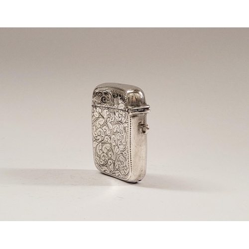 26 - A LATE 19TH CENTURY SILVER VESTA CASE, beautifully engraved with scrolling foliage design to the fro... 