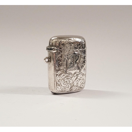 26 - A LATE 19TH CENTURY SILVER VESTA CASE, beautifully engraved with scrolling foliage design to the fro... 