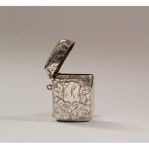 26 - A LATE 19TH CENTURY SILVER VESTA CASE, beautifully engraved with scrolling foliage design to the fro... 