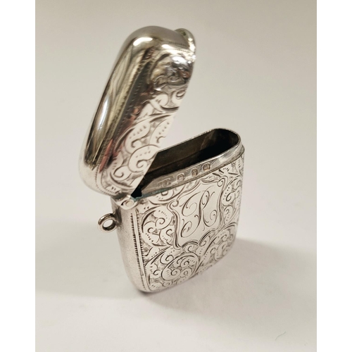 26 - A LATE 19TH CENTURY SILVER VESTA CASE, beautifully engraved with scrolling foliage design to the fro... 