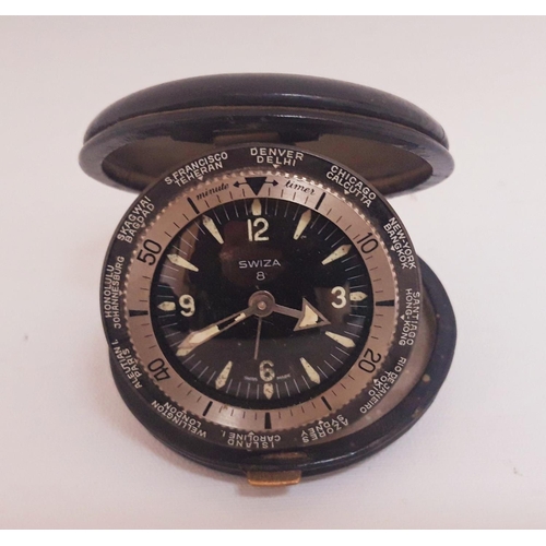 28 - A RARE VINTAGE SWIZA SHEFFIELD POCKET TRAVEL WATCH, circa 1960s, Swiss Made, the case opens to hold ... 