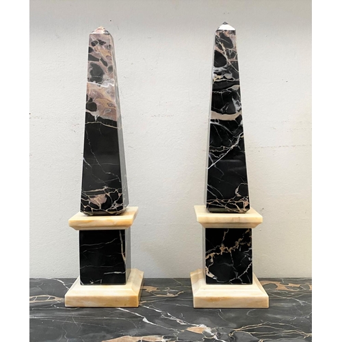 29 - AN EXCELLENT PAIR OF MID 20TH CENTURY MARBLE OBELISKS, body with tapered form, in black Portoro ripp... 