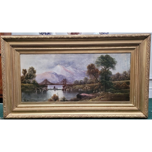 30 - A LARGE 19TH CENTURY OIL ON CANVAS, depicting a riverscape, signed lower left, in decorative gilt fr... 