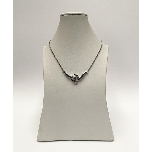 4 - AN EXQUISITE 14CT WHITE GOLD DIAMOND AND SAPPHIRE ACCENT NECKLACE, featuring five channel set sapphi... 