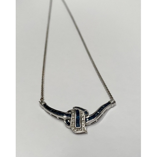 4 - AN EXQUISITE 14CT WHITE GOLD DIAMOND AND SAPPHIRE ACCENT NECKLACE, featuring five channel set sapphi... 