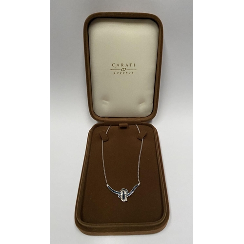 4 - AN EXQUISITE 14CT WHITE GOLD DIAMOND AND SAPPHIRE ACCENT NECKLACE, featuring five channel set sapphi... 