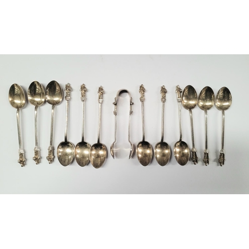 40 - A LATE 19TH CENTURY CASED SET OF 12 SILVER MONK TEA SPOONS WITH SUGAR TONGS, each spoon with a monk ... 