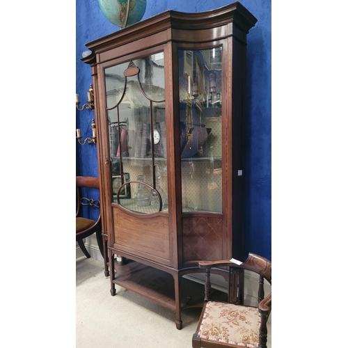 45 - A VERY FINE EDWARDIAN GLAZED DISPLAY CABINET, with inlaid decoration throughout, the central glazed ... 