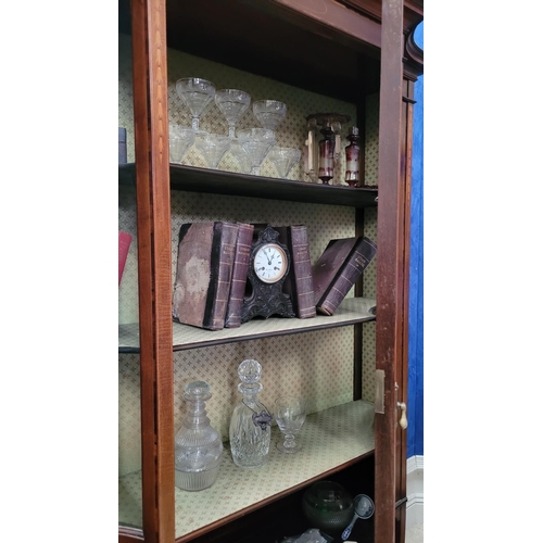 45 - A VERY FINE EDWARDIAN GLAZED DISPLAY CABINET, with inlaid decoration throughout, the central glazed ... 