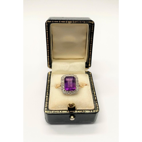 5 - A STUNNING AMETHYST AND DIAMOND CLUSTER RING, beautiful emerald cut amethyst surrounded by 20 round ... 