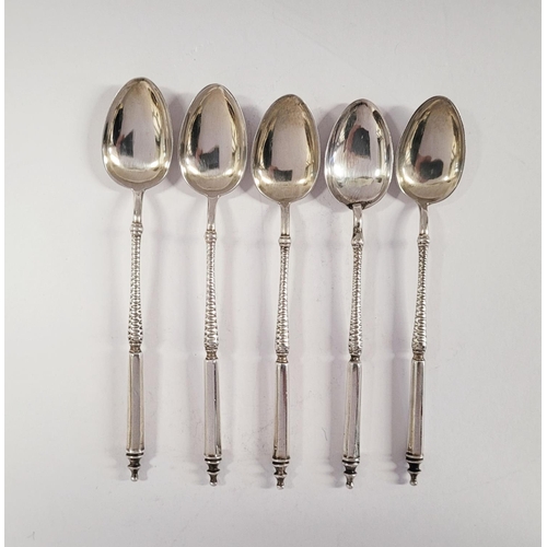 50 - A FINE SET OF FIVE LATE 19TH CENTURY SILVER TEA SPOONS, with decorative stems. London, date letter o... 