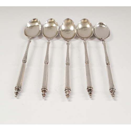 50 - A FINE SET OF FIVE LATE 19TH CENTURY SILVER TEA SPOONS, with decorative stems. London, date letter o... 