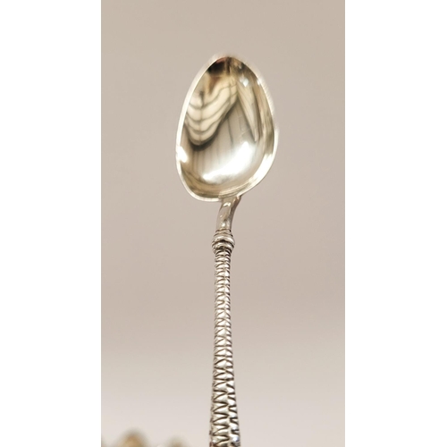 50 - A FINE SET OF FIVE LATE 19TH CENTURY SILVER TEA SPOONS, with decorative stems. London, date letter o... 